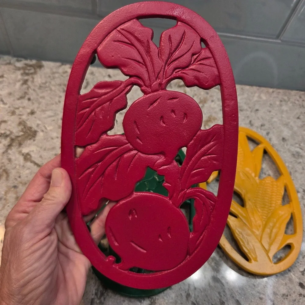 Vintage Cast Iron Vegetable Trivets Set of 3 Corn Peas Radish Multicolored